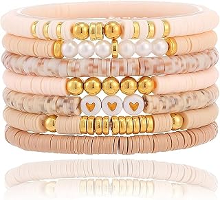 BelleVive 7pcs Friendship Bracelets,Fashion Heishi Beaded Bracelets,Stackable Stretch Bracelets with Gold Beads for Women,Bohemian Stackable Bracelets,Cute Preppy Jewelry, Nude, L