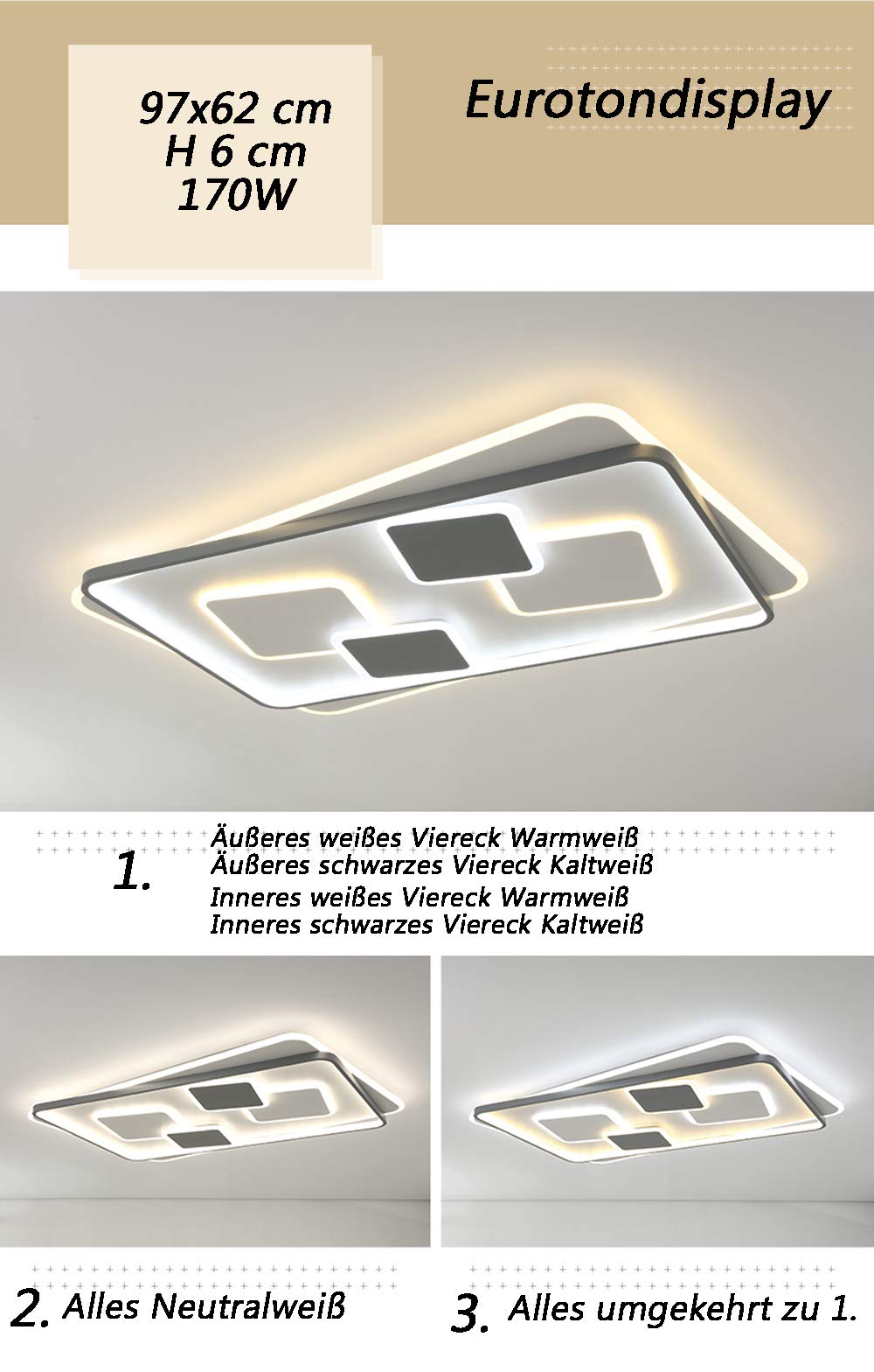 LED Deckenleuchte Mit Fernbedienung – Dimmbar, Lichtfarbe Einstellbar, 4500K Rahmen, Energieklasse A+
