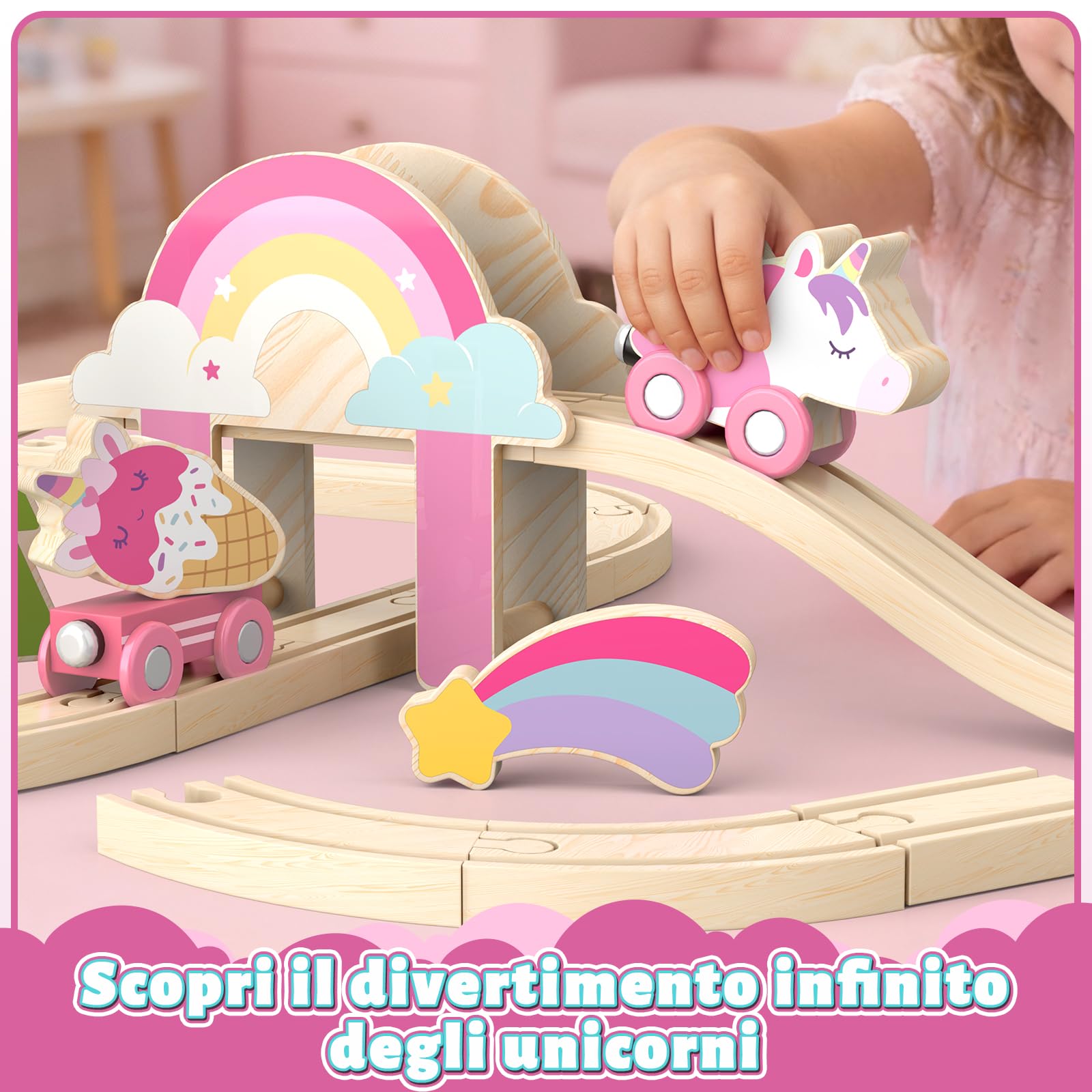 Lehoo Castle Trenino Legno, Pista in Legno per Bambini, Unicorno Bambina Regalo, Trenino Giocattolo