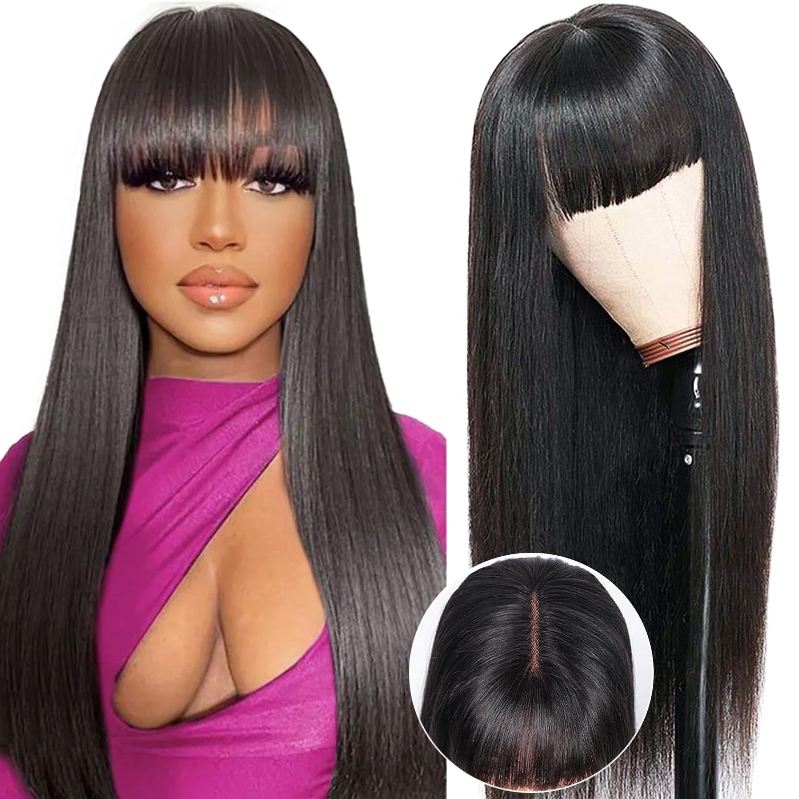 Parrucca Donna Capelli Veri Umani Straight Human Hair Wigs With Bangs, 2x4 Glueless Lace Front Wig Human Hair Nera Parrucca Donna Diritta Con Frangia 16 Pollici