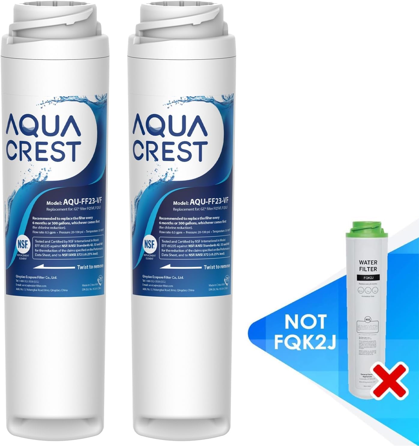AQUA CREST FQSVF FQSVN Under Sink Water Filter, NSF/ANSI 401 Certified, Replacement for GE FQSVF, FQSVN, FQSLF, Compatible with GE GXSV65R, Reduces PFAS, PFOA/PFOS, Model No.AQU-FF23-VF, 2 Pack