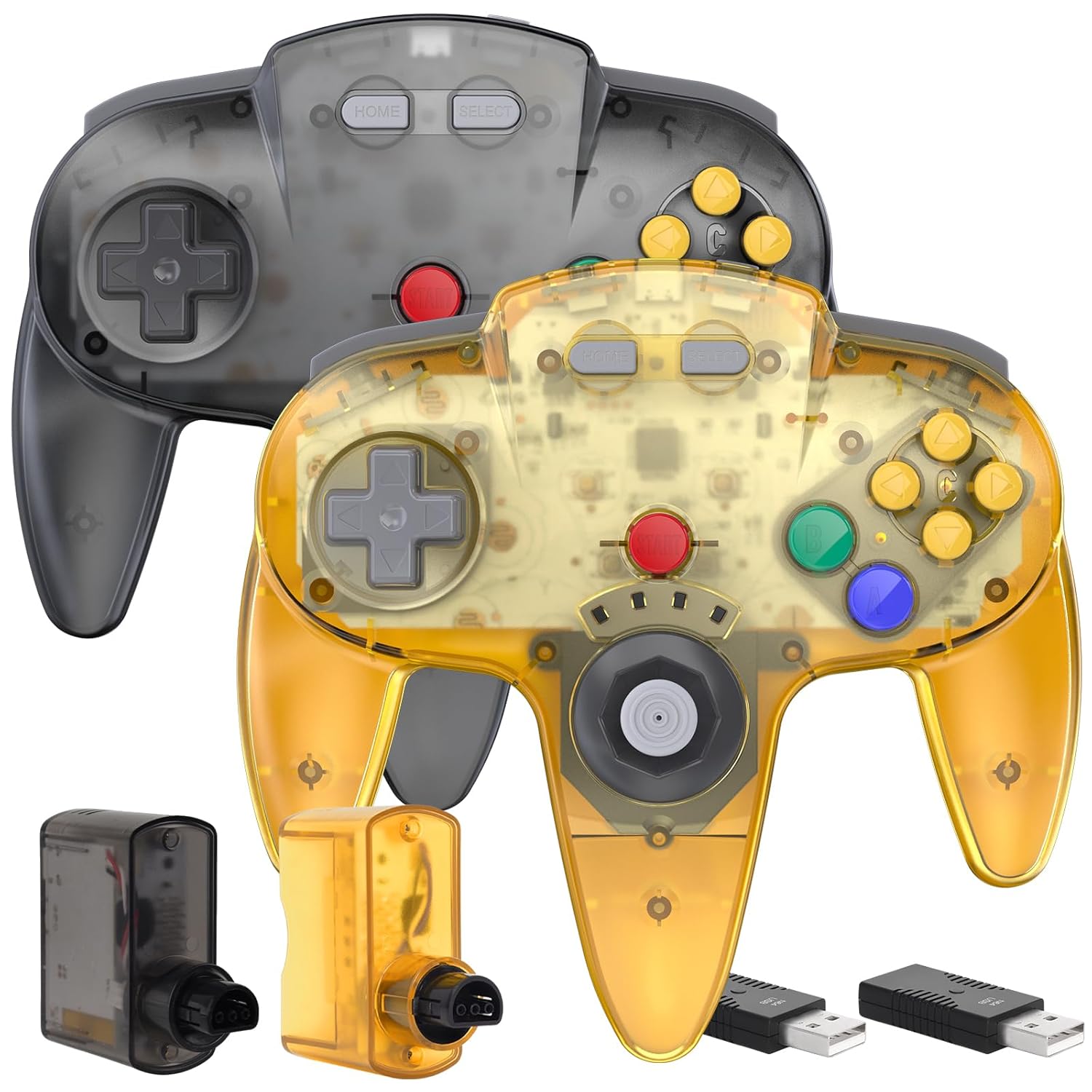 2 Pack Wireless N64 Controller Made for Switch 1 & 2, N64 Console, Wireless 2.4 GHz Receivers Compatible with Switch Online, Windows PC, macOS (Built-in Vibration) (Rechargeable) Gunmetal Grey/Yellow