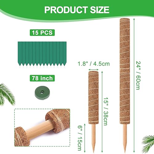 Miniatura 4 de GROWNEER Poste de musgo de 24 pulgadas para plantas de interior, 2 piezas de soporte de tótem de coco apilable de 15 pulgadas, palos de musgo con 15