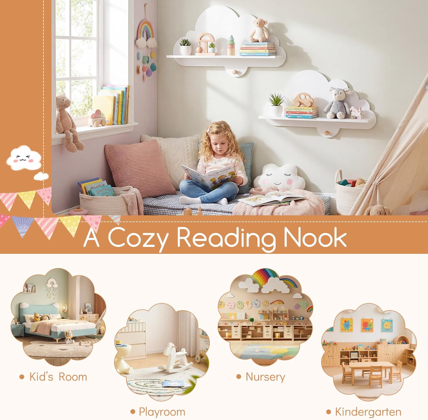 Costzon 2 Pieces Floating Cloud Shelves, Wall Mounted Kids Bookshelf w/Compartments, Cute Corner Bookshelves, Space Saving Wall Shelves for Kid's Room, Nursery, Playroom & Bedroom (Cloud)