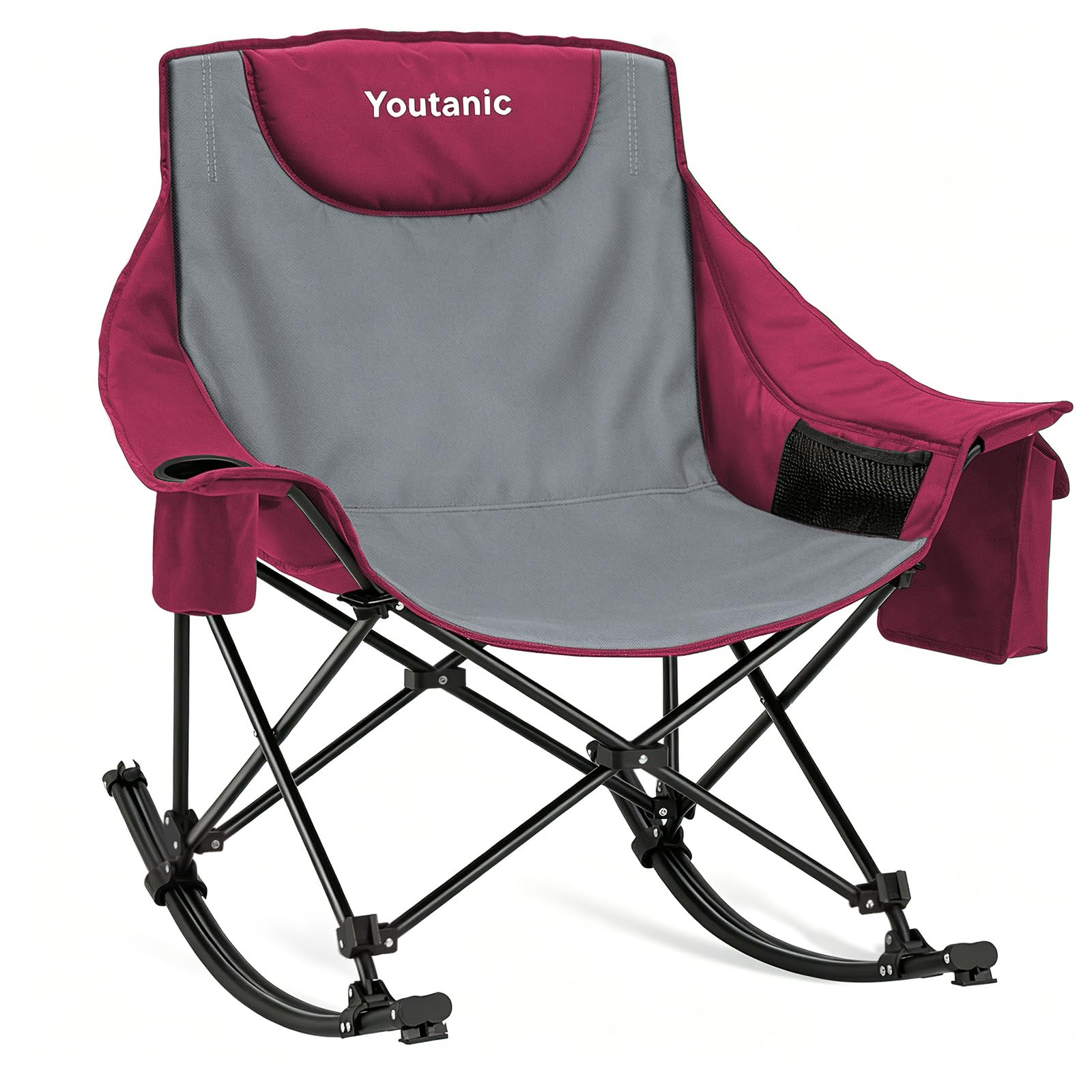 Youtanic Oversized Folding Rocking Camping Chair, Padded Portable Rocking Chair with Pockets, Cup Holder and Carry Bag, Heavy Duty Outdoor Rocker Patio Chair for Garden, Lawn, Yard, Up to 350lbs