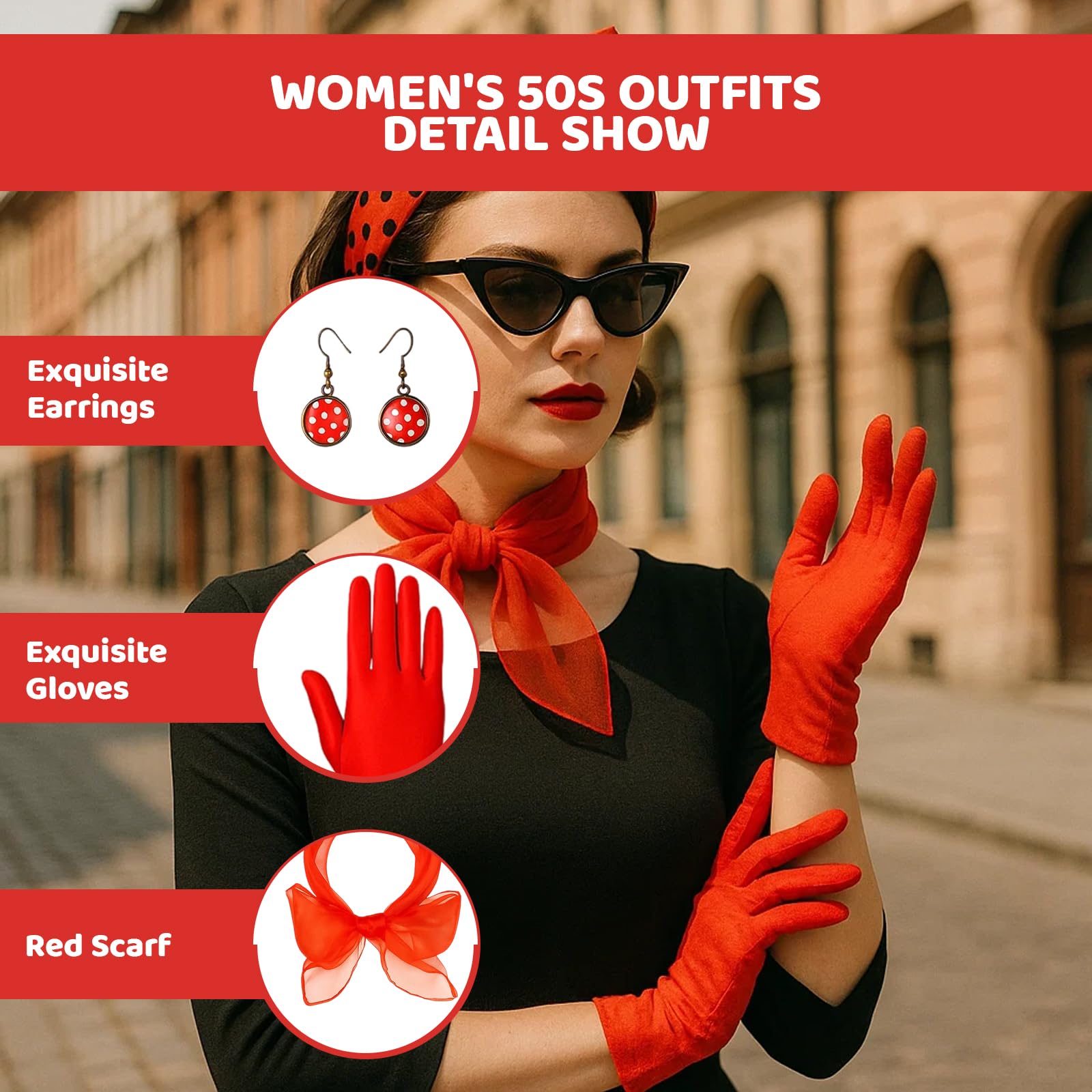 Grease Fancy Dress Women, 5-Piece 50s Accessories Set including Cat Eye Sunglasses, Polka Dot Headband, Scarf, Earrings - Image 3