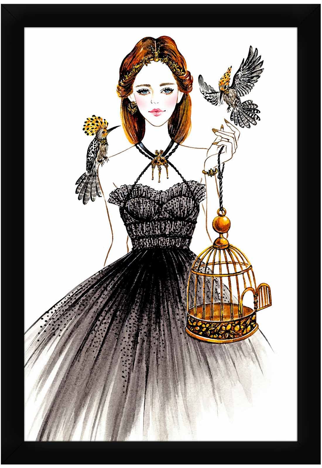 Braj Art Gallery Girl & Wood Peckers Watercolor Painting Photo Frame Size 13.5X19.5 Inches