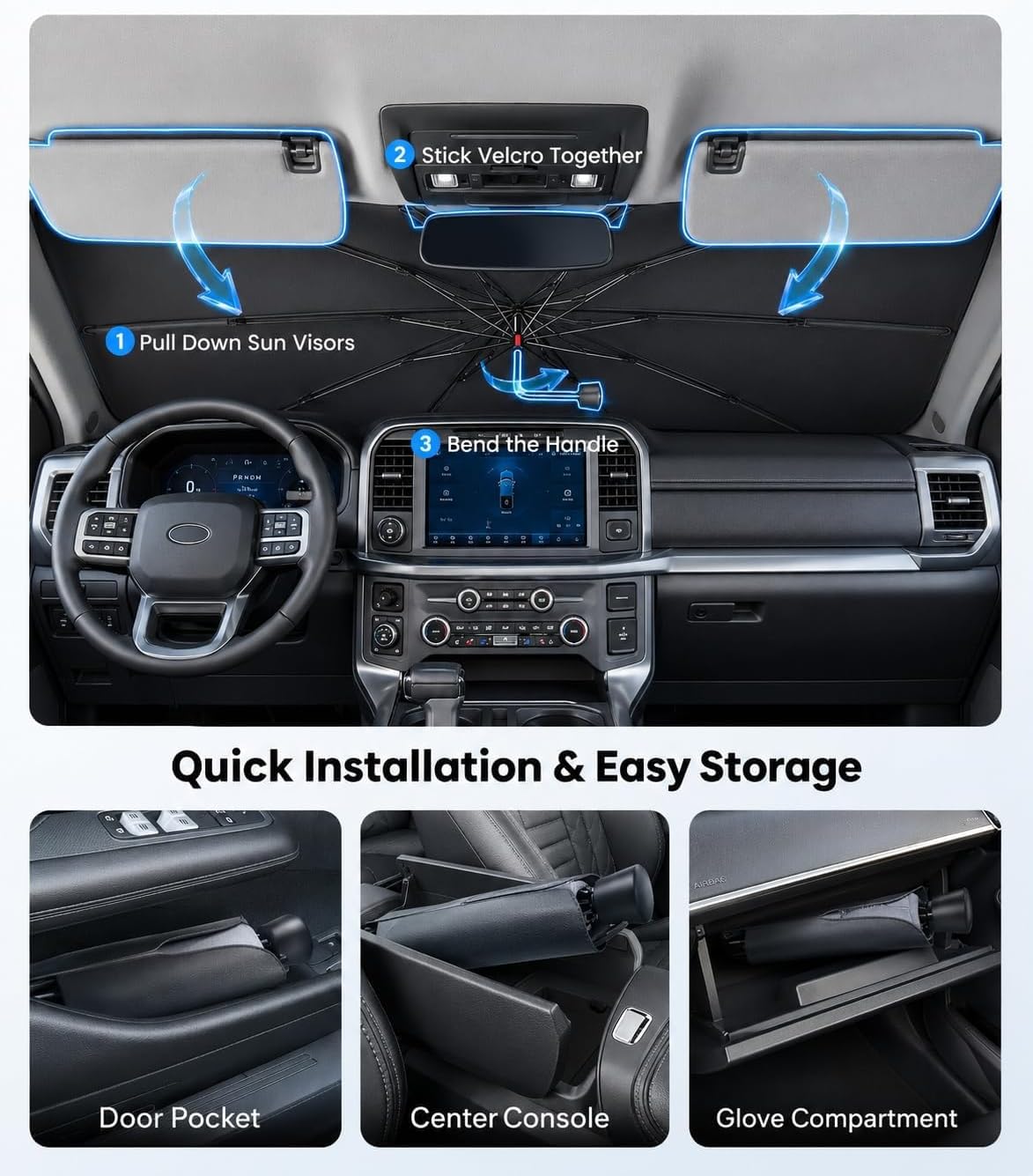Zanch 2026 Upgraded Windshield Sun Shade Umbrella: Custom Fit for Ford F150 F250 F350 2015-2025 Front Window Sunshade, Block UV Rays & Keep Car Cool, 1:1 Scan for F150/250/350, No Gaps & No Scratches.