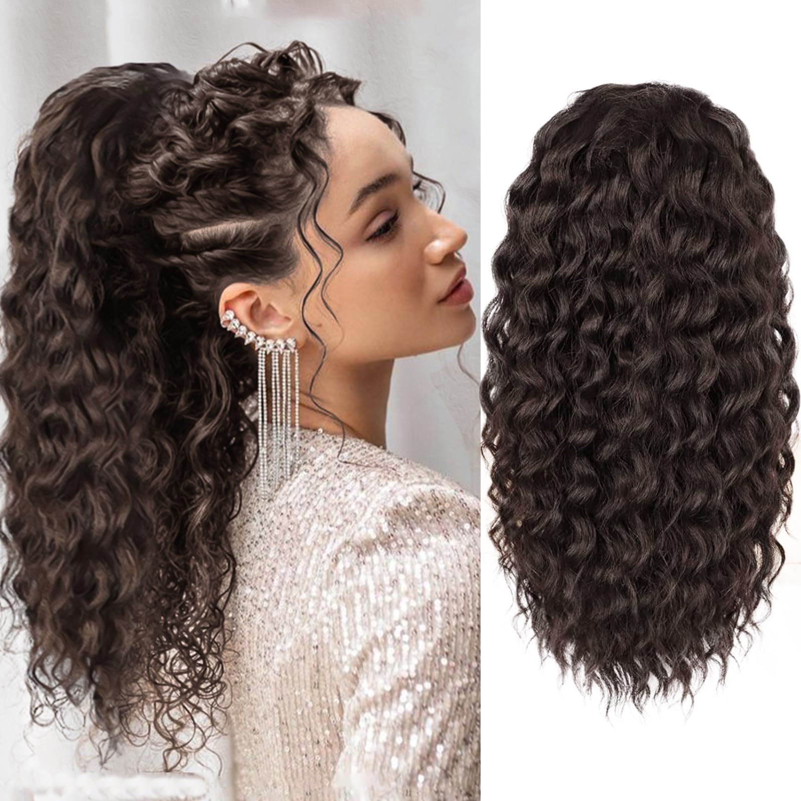 HYJ Drawstring Ponytail 18inch Curly Ponytail Extensions Drawstring Ponytail For Black Women Dark Brown Ponytail Extensions For Women Synthetic