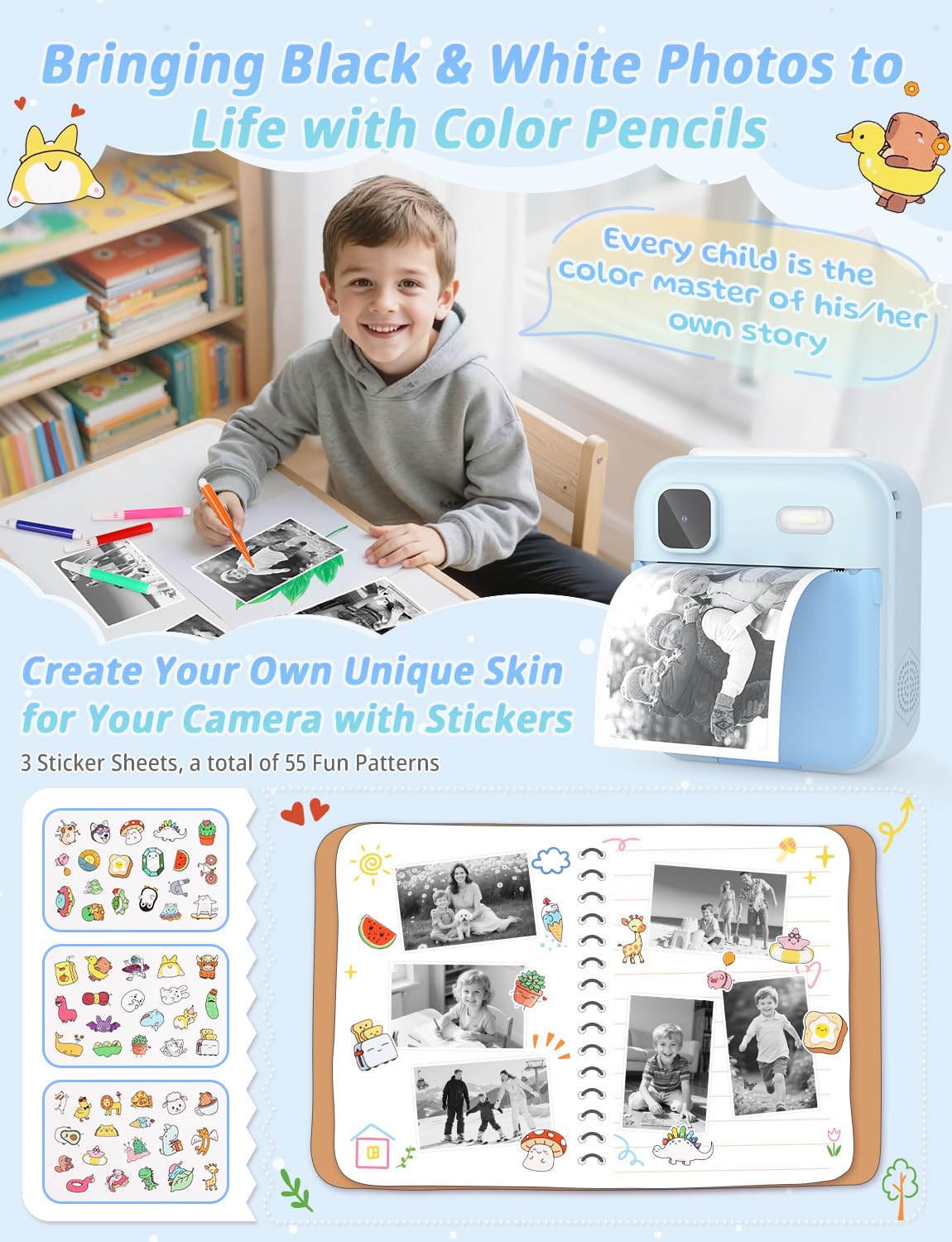 YOHOOLYO Aparat natychmiastowy dla dzieci, 2,4-calowy aparat natychmiastowy dla dzieci z kartą 32 GB i 3 rolkami papieru, cyfrowe zabawki wideo HD 1080P-niebieski