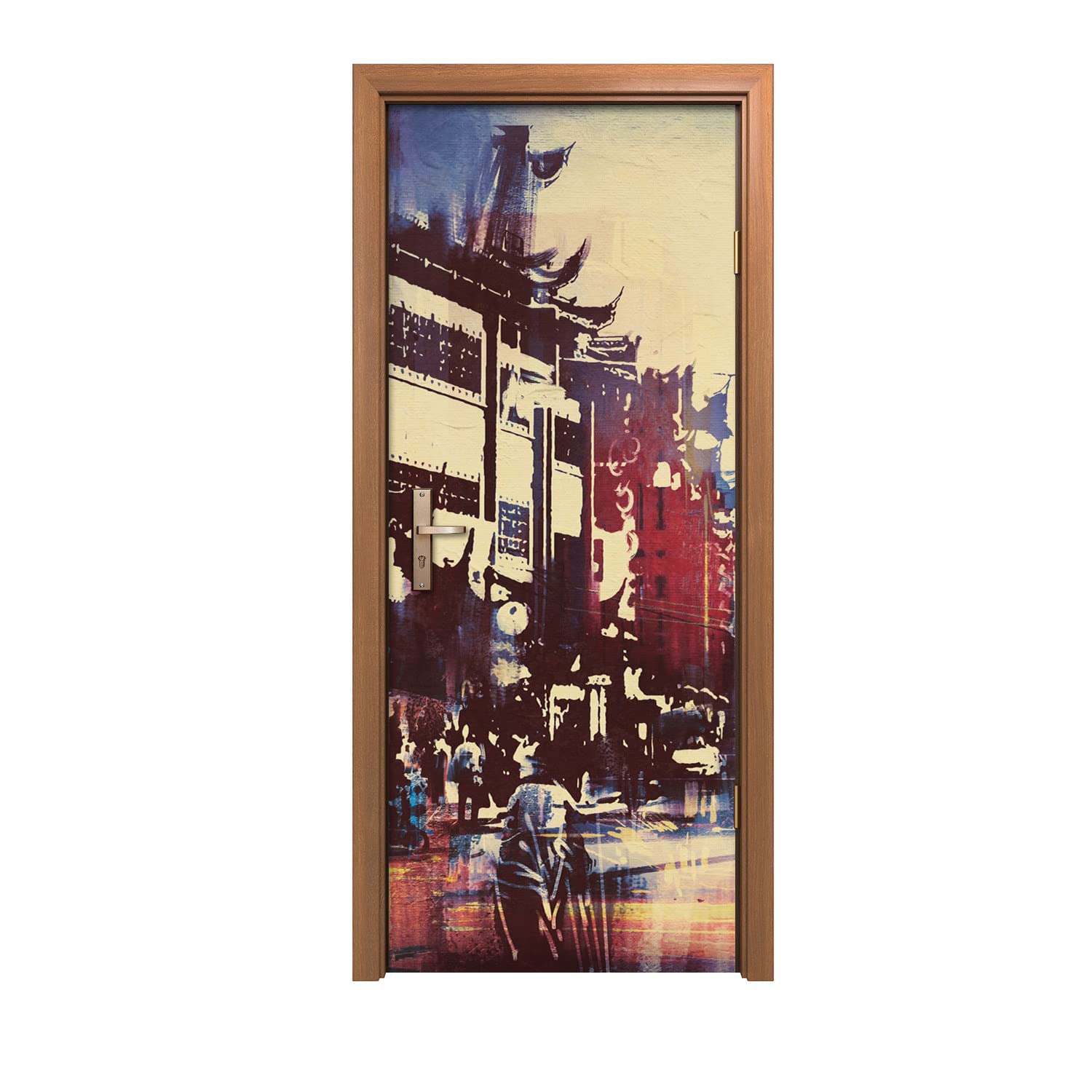 Autocollant de porte 80x200cm Coloray avec motif de bâtiments de la ville pour décoration murale