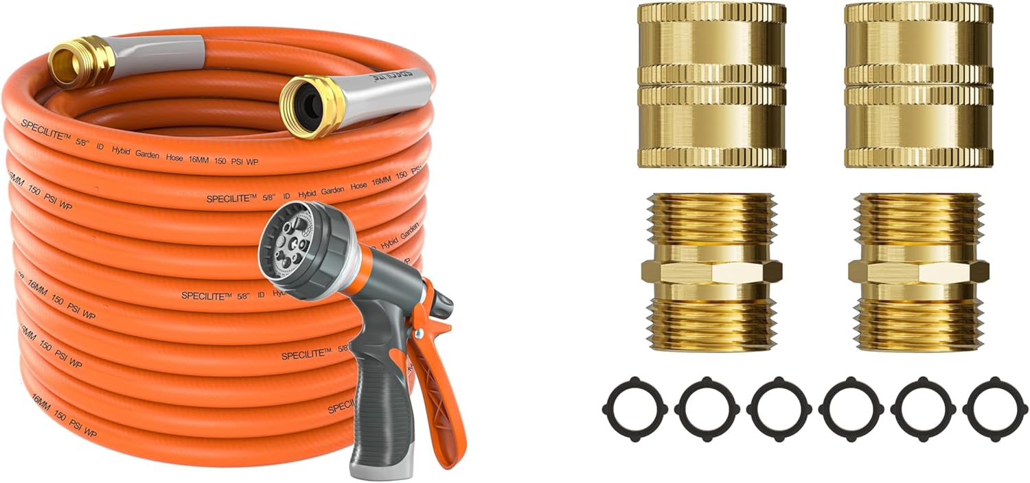 SPECILITE Garden Hose 50 ft x 5/8 in Heavy Duty + Male to Male, Female to Female Hose Adapter