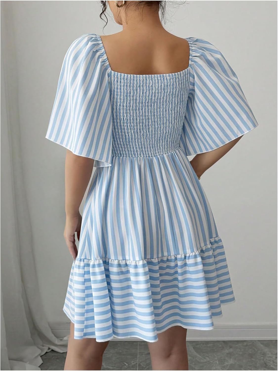 Floerns Women's Summer Flutter Sleeve A Line Dress Ruched Bust Striped Vacation Tiered Dresses - Image 3