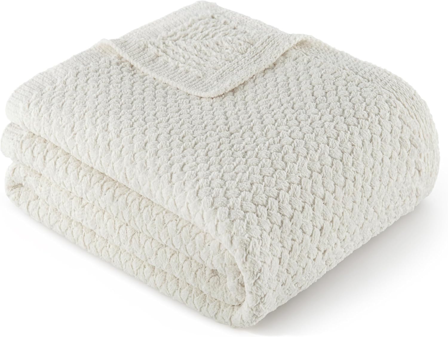 Whale Flotilla Chunky Knit Throw Blanket for Couch and Bed, Ivory Decorative Cozy Fleece Blanket, Reversible Soft Fuzzy Woven Throws, 50x60 Inch