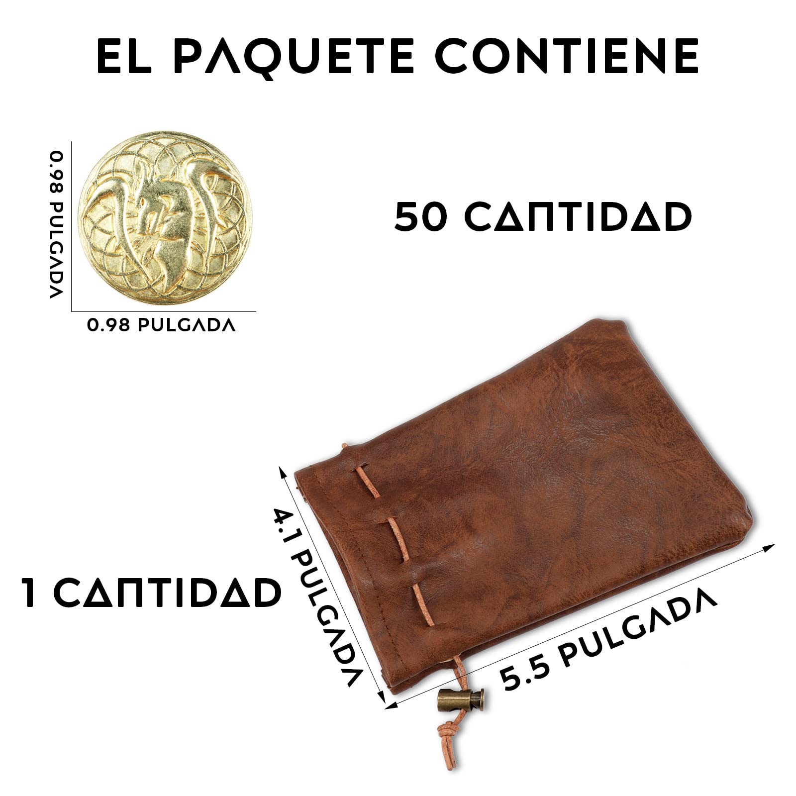 Byhoo Fantasy DND Juego de Monedas de Metal con Bolsa de Cuero, fichas de Tesoro y Accesorios Retro de Juegos de Mesa, 50 Monedas Doradas DND mágicas Brillantes para TRPG de Fiesta