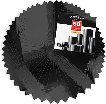 Arteza Self Adhesive Vinyl Sheets, 12"x12", Glossy Black, Pack of 50, Waterproof and Easy to Weed & Cut, for Indoor & Outdoor Projects, Compatible with Different Craft Cutters