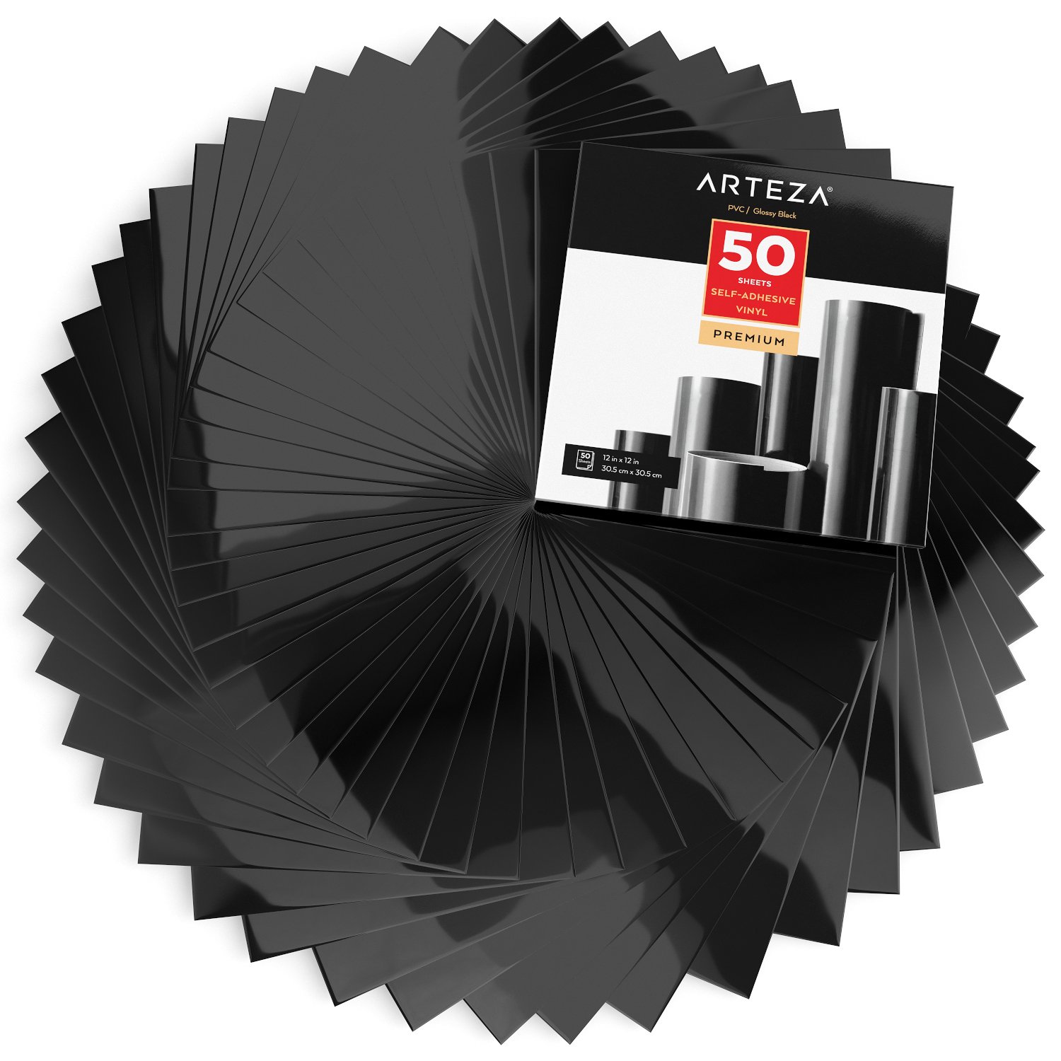 ARTEZA Self Adhesive Vinyl Sheets, 12"x12", Glossy Black, Pack of 50, Waterproof and Easy to Weed & Cut, for Indoor & Outdoor Projects, Compatible with Different Craft Cutters