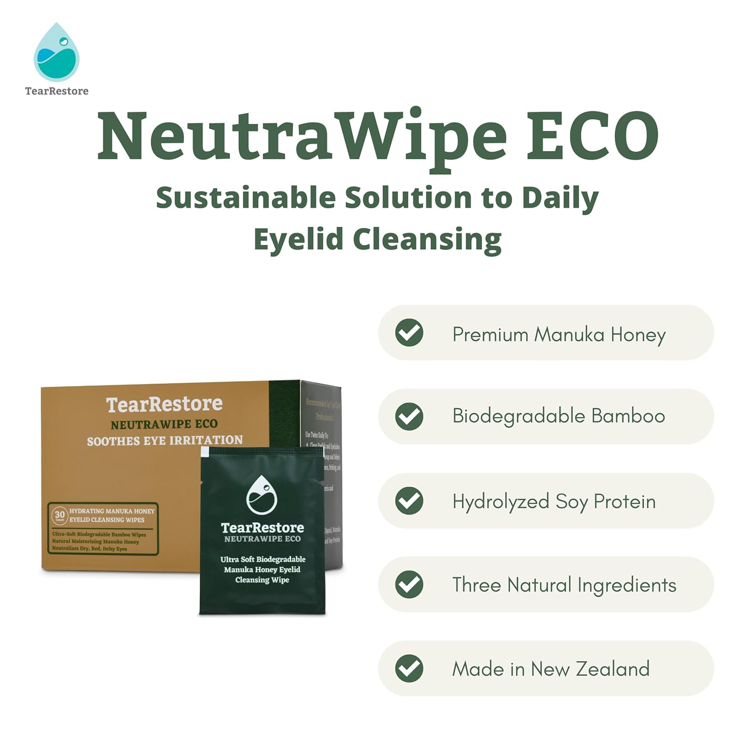 TearRestore NeutraWipe Eco Manuka Honey Eyelid Wipes | Ultra-Soft Biodegradable Eyelash Cleanser For Blepharitis & Dry, Itchy, Swollen, Irritated Eyes (30 Count) - Image 6