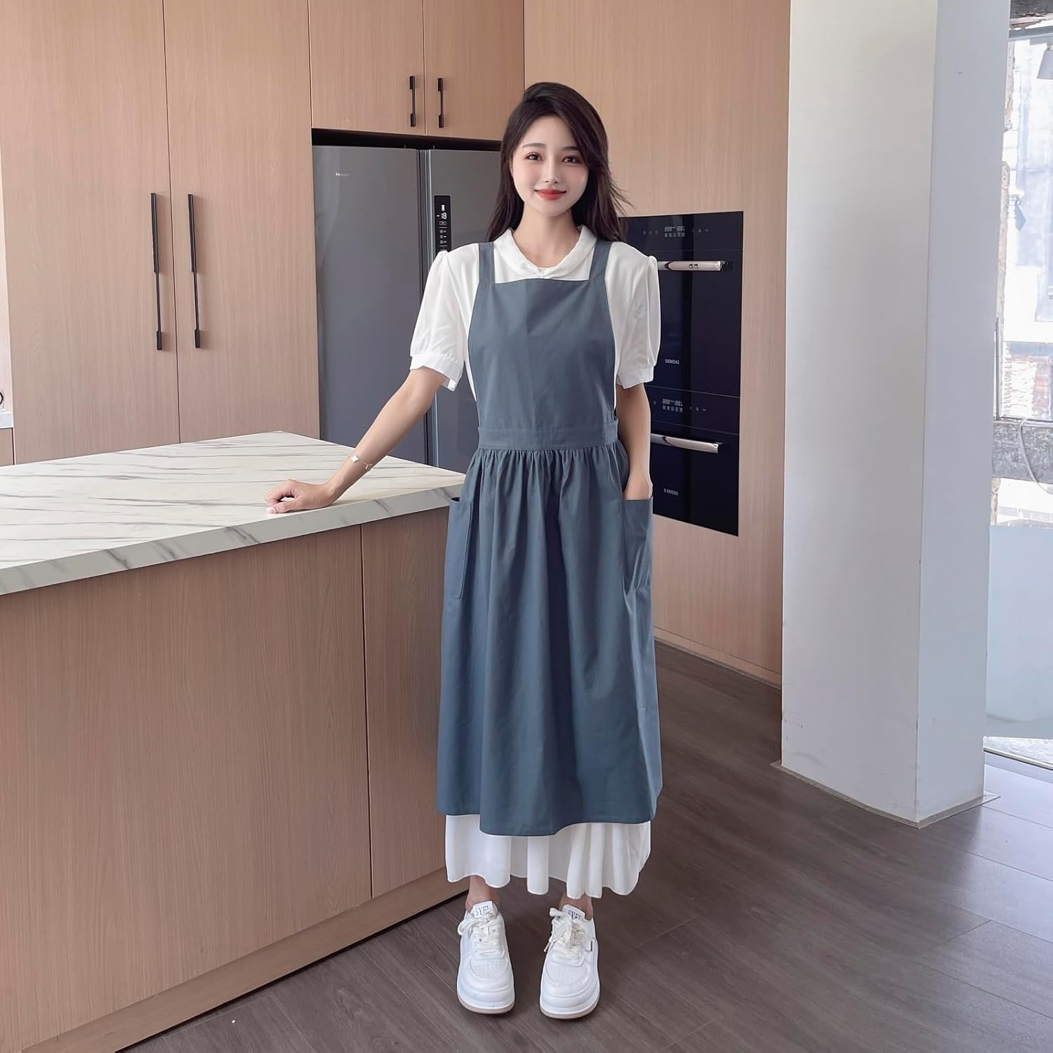 Pinafore Apron Dress,Japanese Cotton Linen Cross Back Apron for Women with Pockets,Pinafore Dress with Waist Ties (Turquoise Blue) - Image 2
