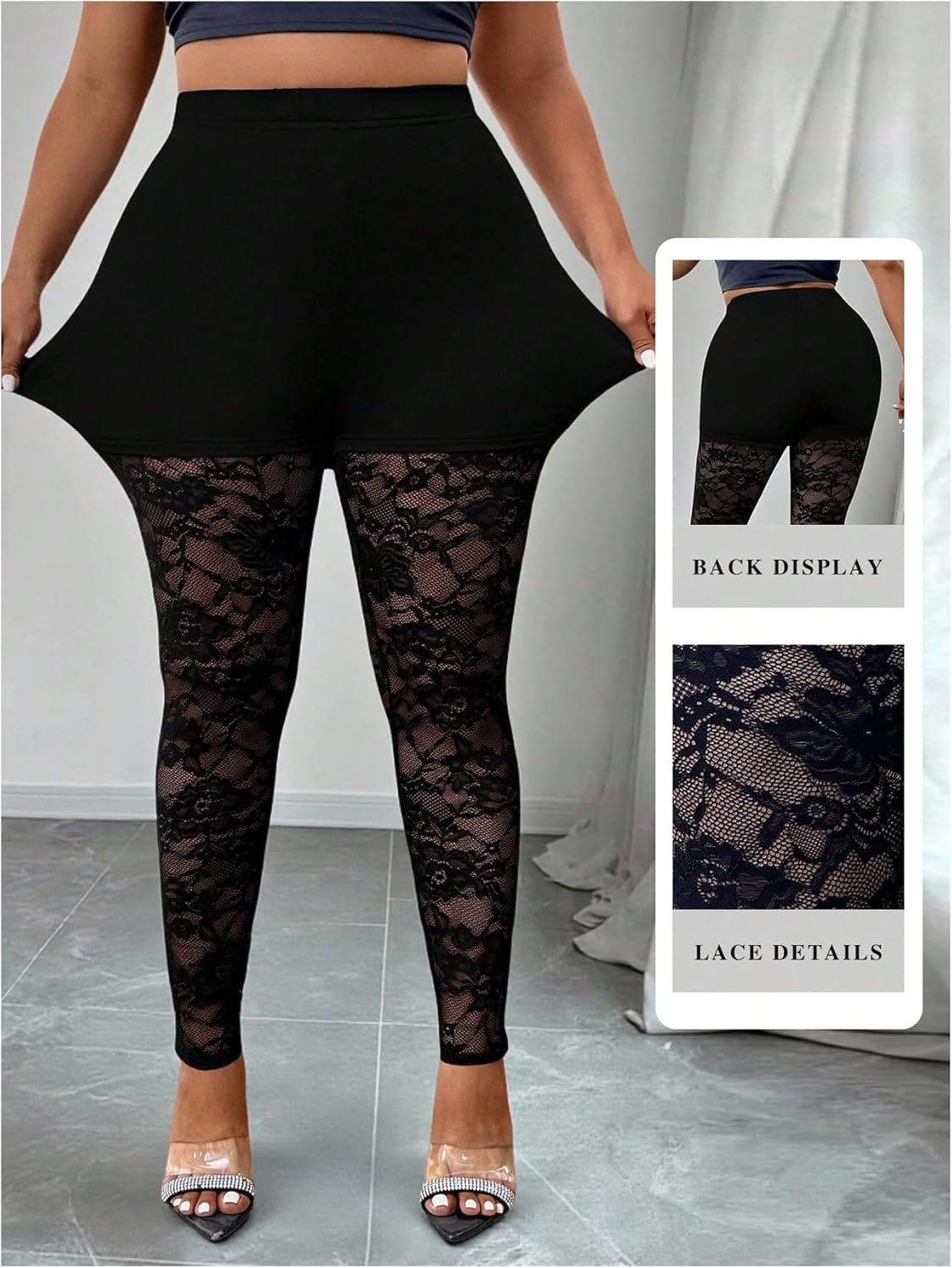WDIRARA Women's Plus Size Floral Lace High Waisted Leggings See Through Sheer Skinny Pants - Image 4