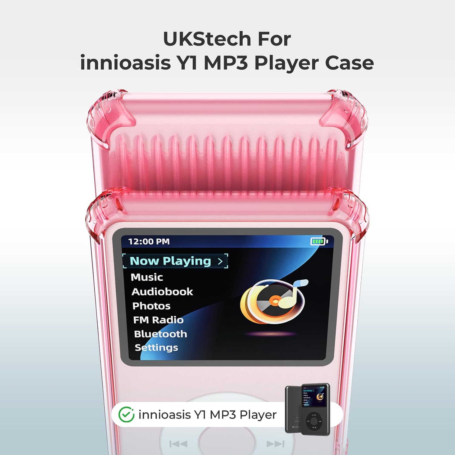 for innioasis Y1 MP3 Player Case with Screen Protector, TPU Protective Cover + 2 HD Clear Film + Lanyard + 2 Alcohol Wipes, Shockproof Scratch-Resistant Full Protection Kit (Clear Pink)