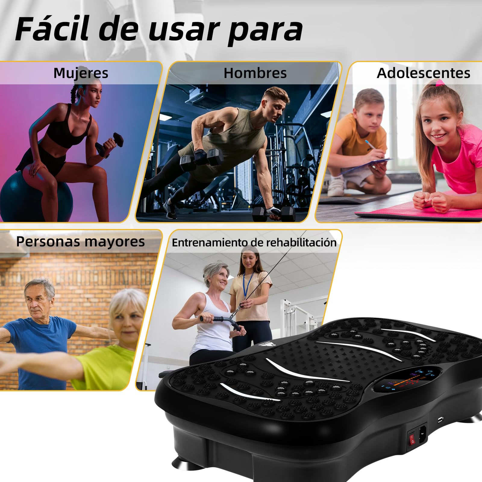 EVOLAND Plataforma vibratoria con 2 Bandas de Resistencia, 99 Niveles de Intensidad y Altavoz Bluetooth, Máquina de Entrenamiento para tonificar y moldear músculos