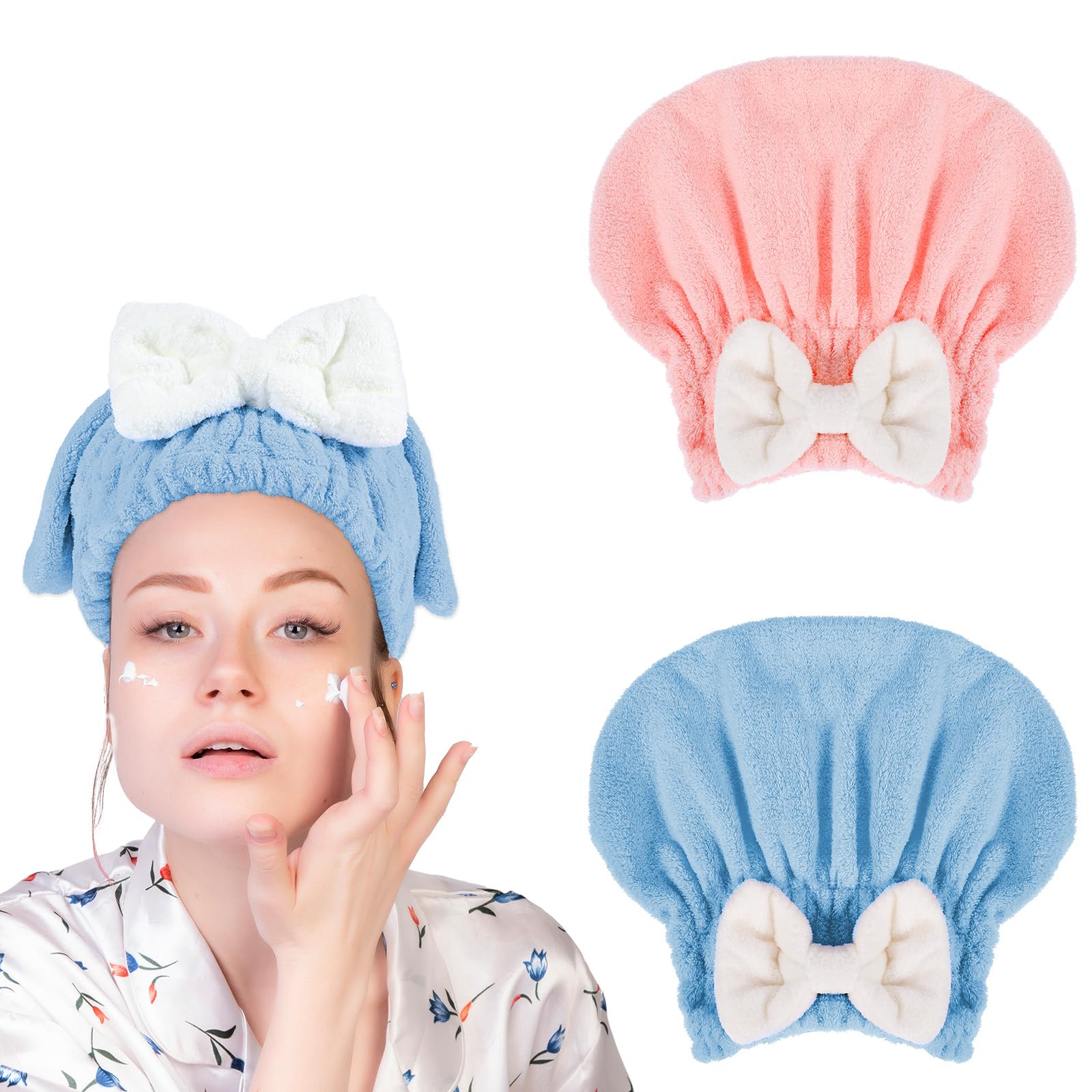 Hair Quick Drying Towel Ultra Absorbent Bows Tie Head Cap 2 Pcs Efficient Hair Wrap Dry Quickly and Naturally Absorb Water Microfiber Scrunchies Bands for Wet Hair Shower Cap Bathing Hat