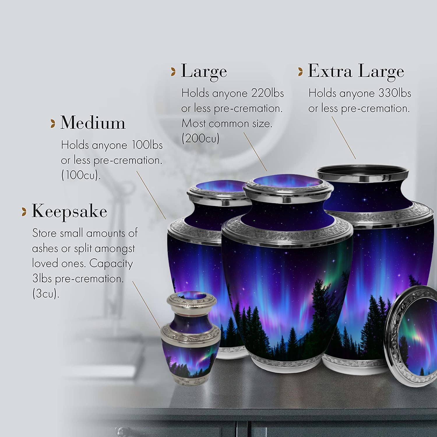 Commemorative Cremation Urns for Human Ashes Adult Male - Beautifully Handcrafted Decorative Personalized Cremation Urns for Women (Large Northern Lights)