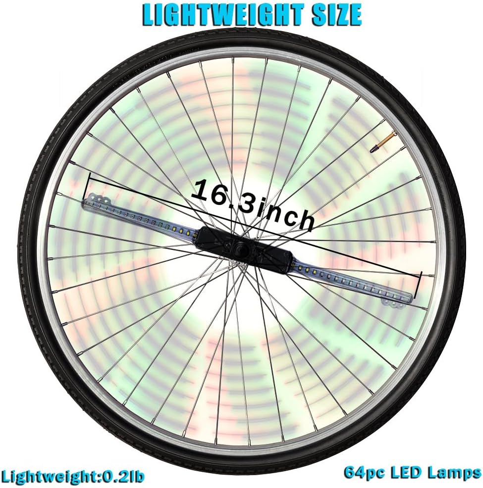 16.3 inch Bike Wheel Lights - Rechargeable LED Spoke Tire Light with 64pc Led Beads and 30 Eye-Catching Patterns, Ideal Rim Lights for Mountain Bike, Road Bikes, BMX, Hybrid
