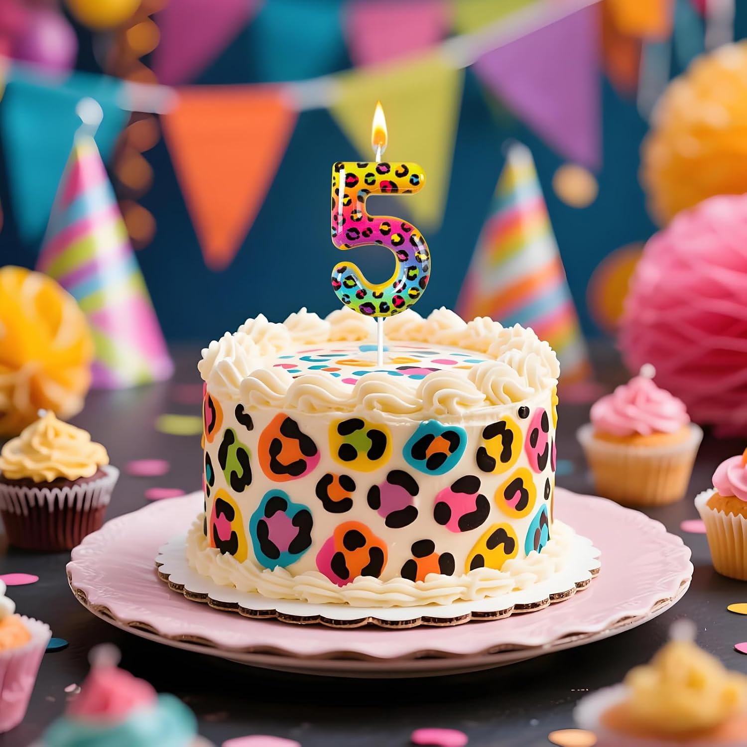 Colorful Leopard Print Birthday Number Candles, Leopard Print Theme Party Decorations, Cupcake Decorations, Suitable for Party Celebrations, Boys and Girls Birthday Supplies（5）