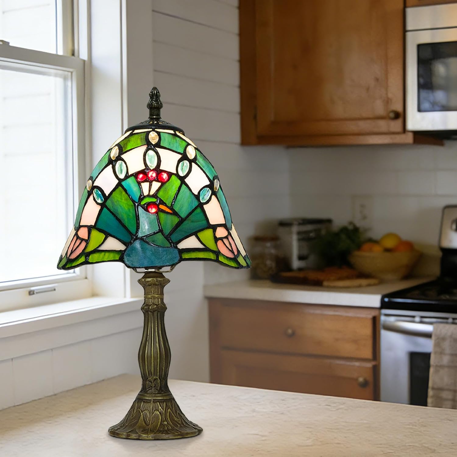 Small Tiffany Table Lamp, 8 Inch Antique Stained Glass Lamp for Bedroom Living Room Home, Handcrafted Light, Included E26 Bulb, 3 Color Temperature(Peacock)