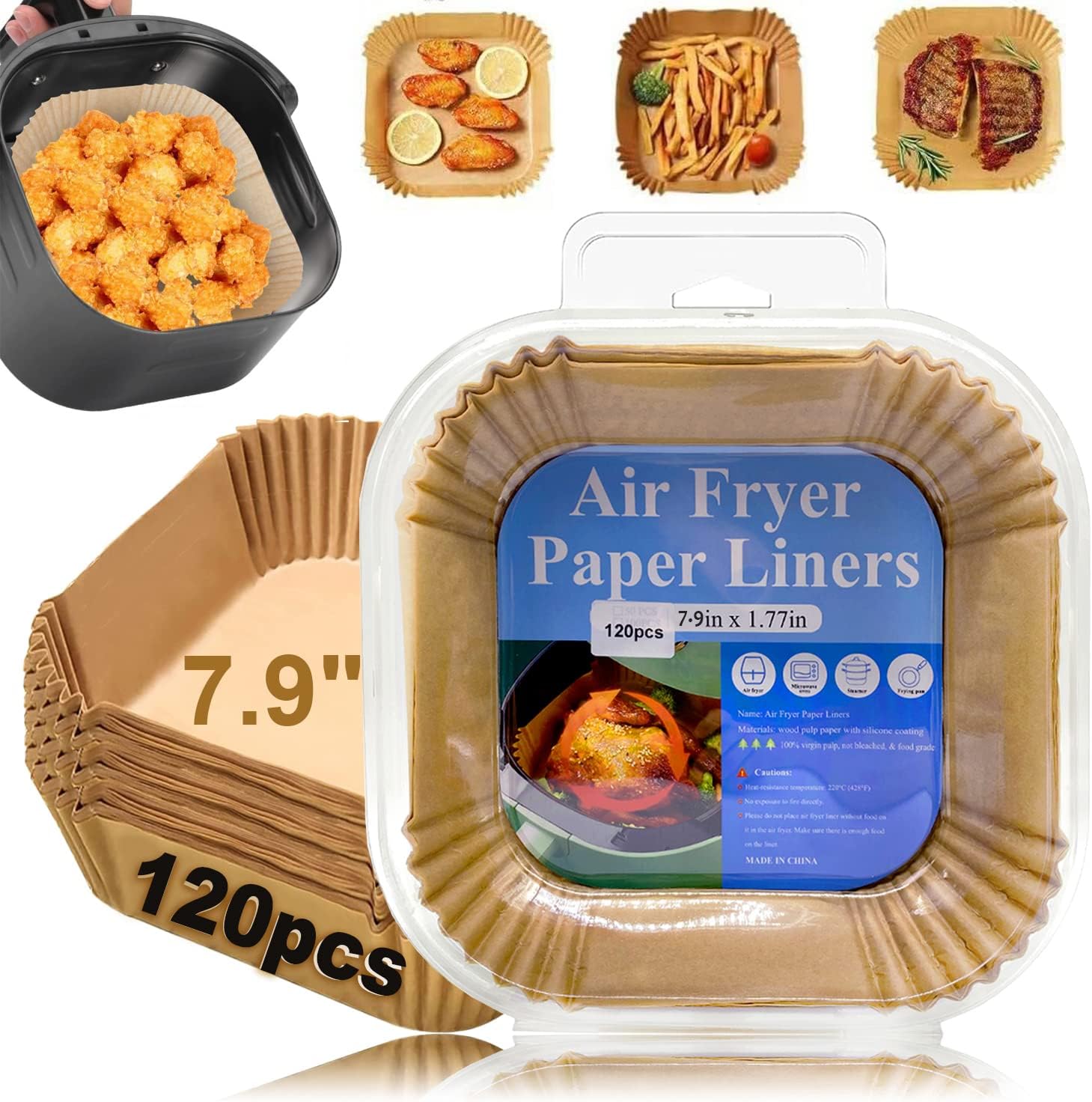 120PCS Air Fryer Liners, 7.9 Inch Square Paper Air Fryer Liners