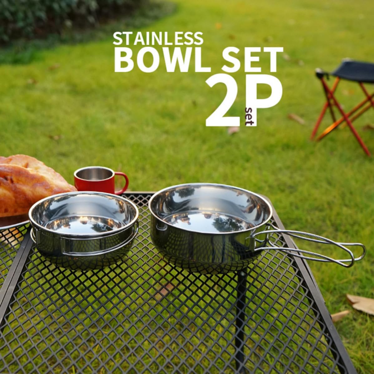 GLEAVI 3pcs Stainless Steel Camping Tableware Bowls with Mesh Bag, Folding Travel Bowls 650ml and 500ml Capacity, Smooth Stackable round Outdoor Cooking Tool for Bbq and Climbing