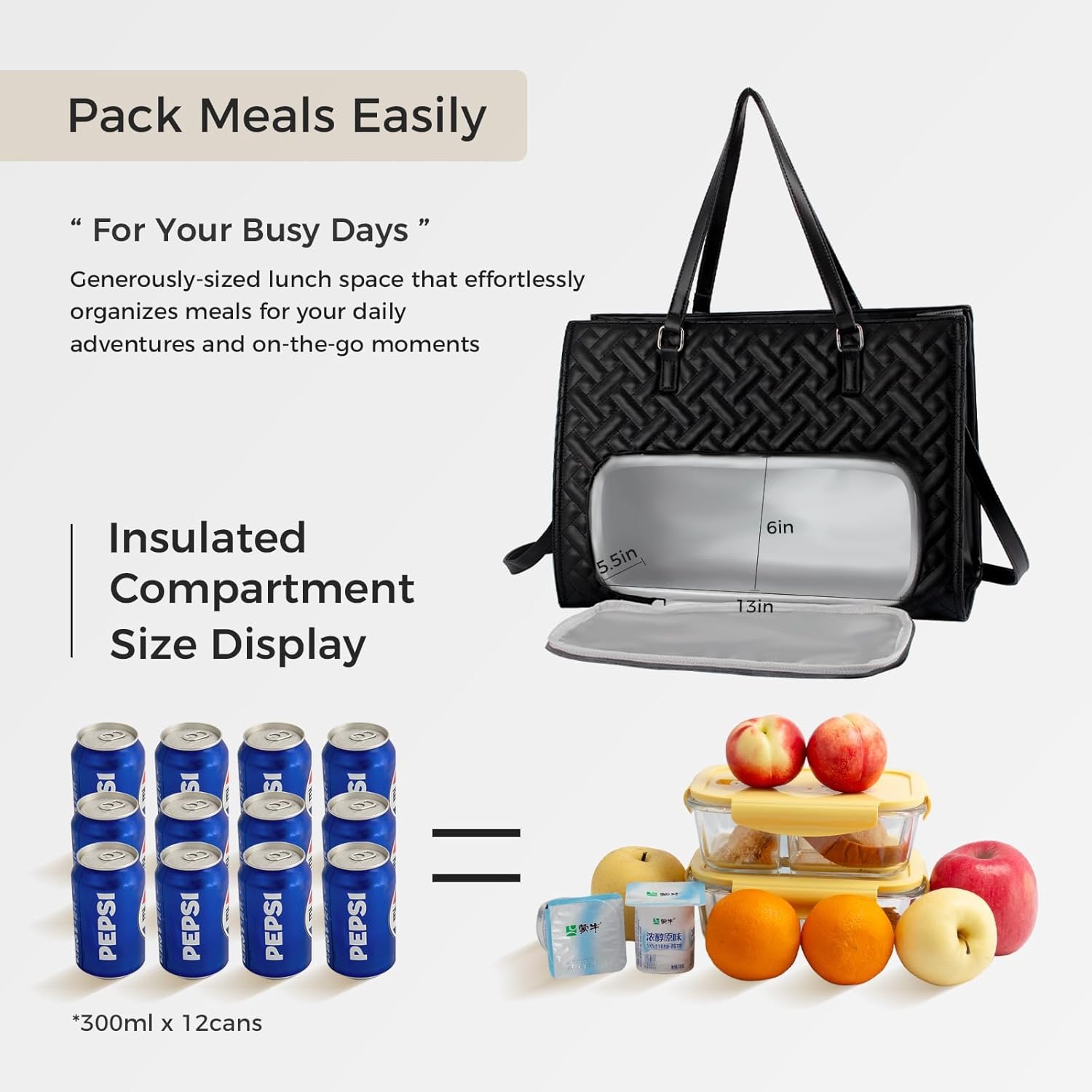 Lunch Tote for Women - 15.6" Laptop Bag, Insulated Compartment, Quilted Large Capacity w/Purse & Adjustable Strap (2-in-1) for Work, College, Black - Image 8