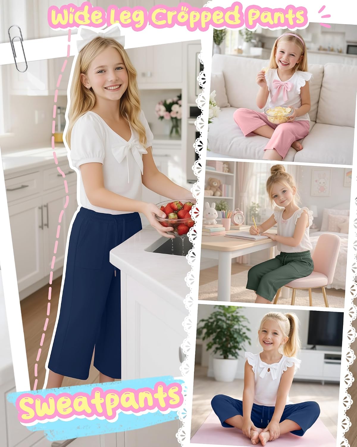 3 Pack Girls Capri Pants Loose Wide Leg Cropped Pants Kids Drawstring Capris Sweatpants with Pockets 5-14Y