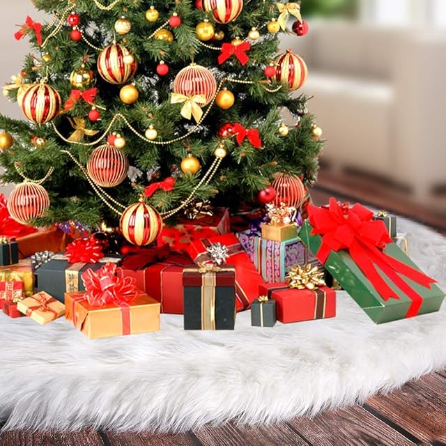 Lamin Christmas Tree Skirts, Faux Fur Large Plush White Round base Mat Xmas Decorations for Your Christmas Tree - Fits Any Size Tree (White-36inch)