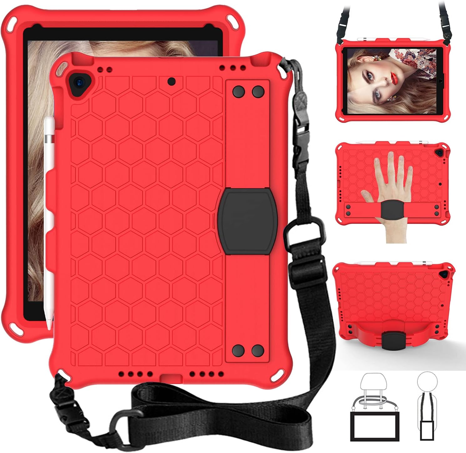 QYiD Kids Case for New iPad 8th Generation 2020 / iPad 7th Generation 10.2" 2019, Kids Friendly Light Weight Shockproof Case with Pencil Holder & Shoulder Belt for iPad 10.2 inch, Black/Black
