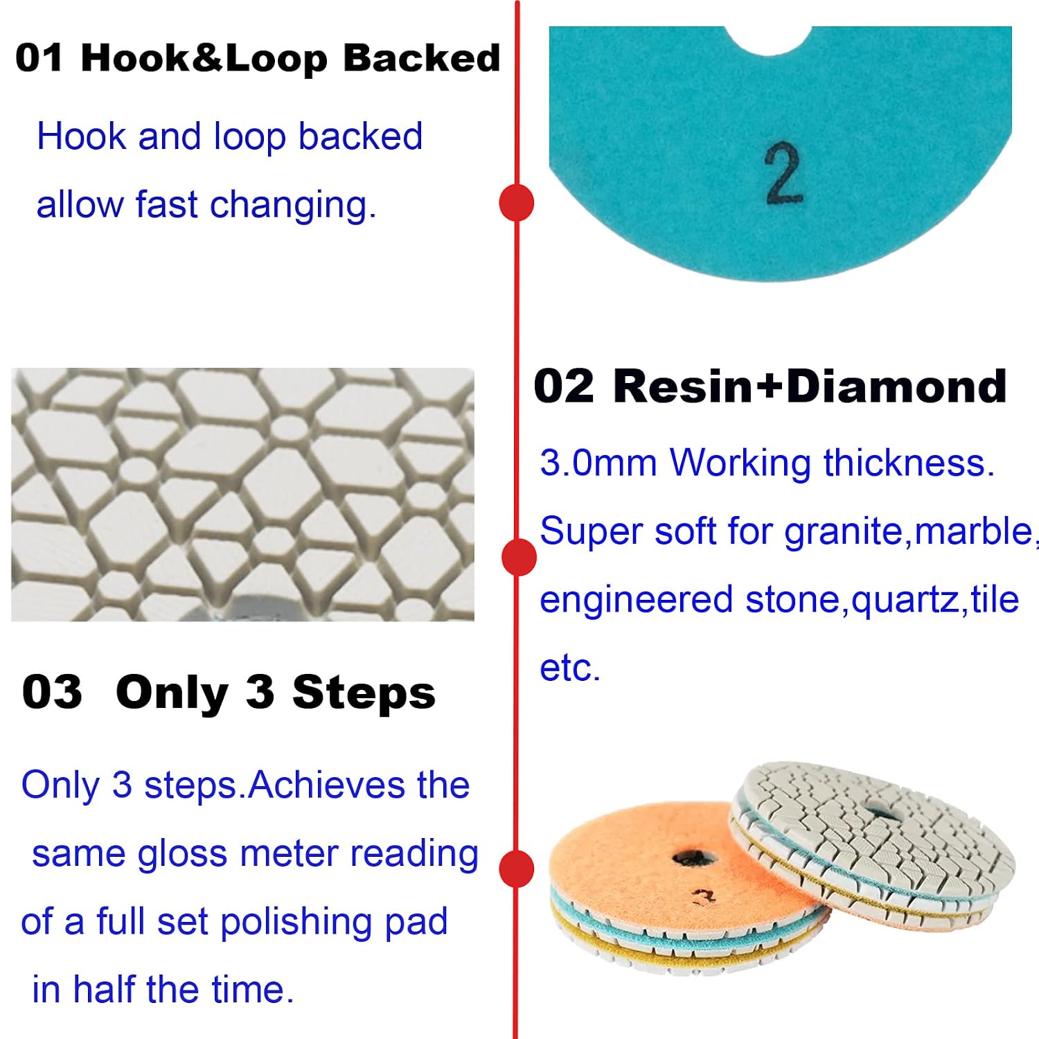 4 inch Diamond 3 Step Polishing Pad for Granite Marble Quartz Engineered Stone Resin Flexible Polishing Pad for Granite(#2 Step,3Pads)