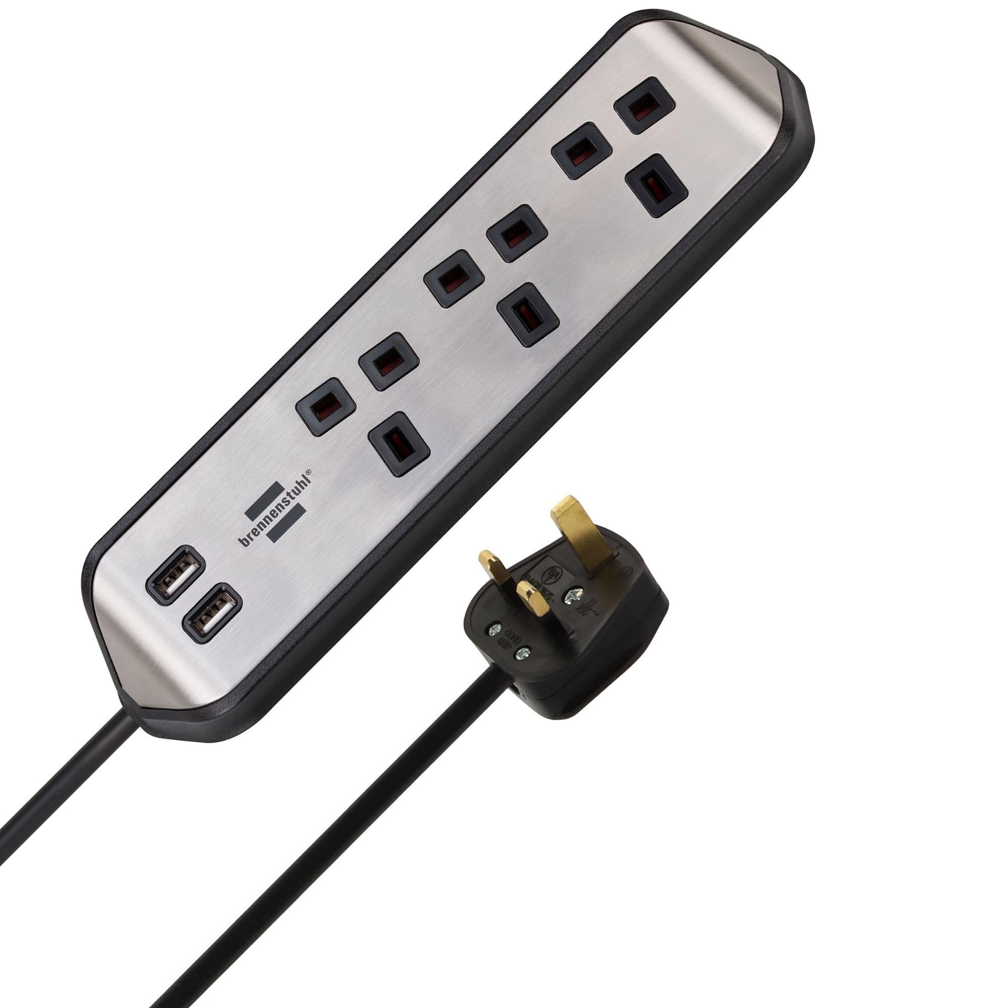 Brennenstuhl Estilo Corner Extension Lead 3-Way (Extension Cord With Stainless Steel Surface For Desk/Kitchen/Office, With 3X... 4007123671427