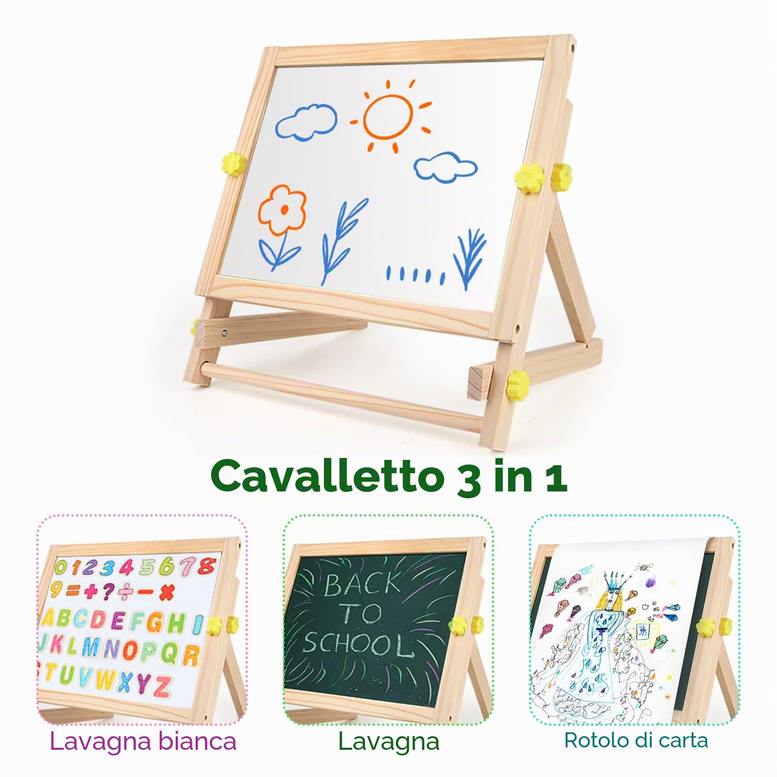 kramow 3 in 1 Lavagna per Bambini 3 Anni,Cavalletto per Bambini con Lettere e Numeri Magnetici,Animale Puzzle,Rotolo di Carta,Lavagna Magnetica in Legno Giocattoli Educativi 4 5 6 7 8 anni