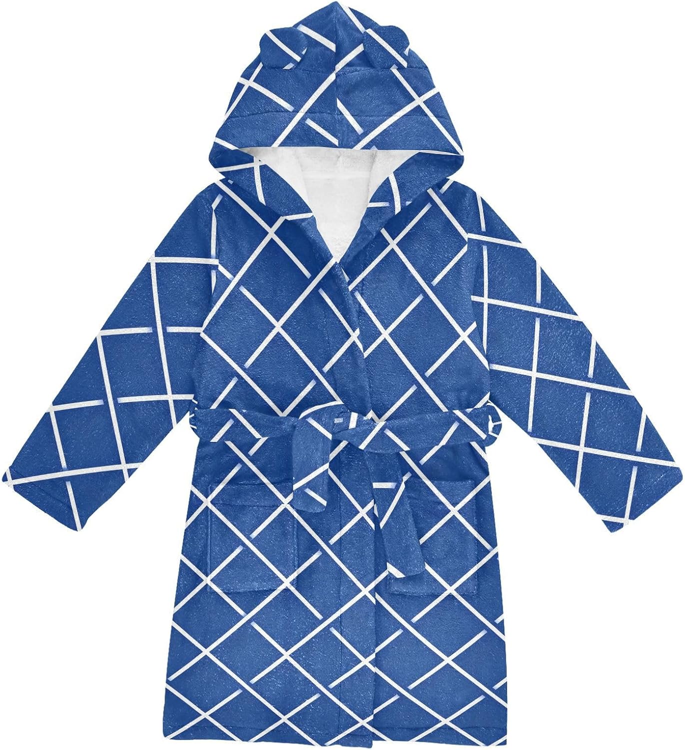 GuoChe Blue Abstract Grid Pattern Hooded Pajama Robe For Girls
