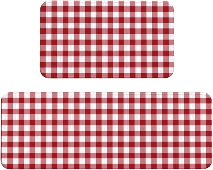 Kitchen Mats Set of 2, Classic Red and White Checkered Gingham Pattern , Home Decor Kitchen Rugs for Floor - 17x29 and 17x47 Inch