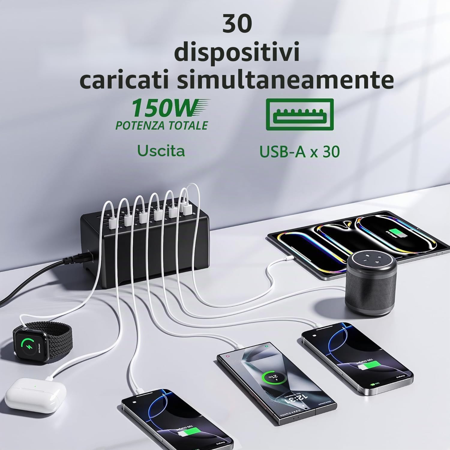 Stazione Di Ricarica USB Da 150W 30 Porte, Hub Splitter USB Per Casa, Studio, Hotel, Ufficio, Viaggi, Trasmissioni In Diretta, Caricatore USBA Multiplo Per Telefoni Cellulari, Cuffie, Orologi Ecc