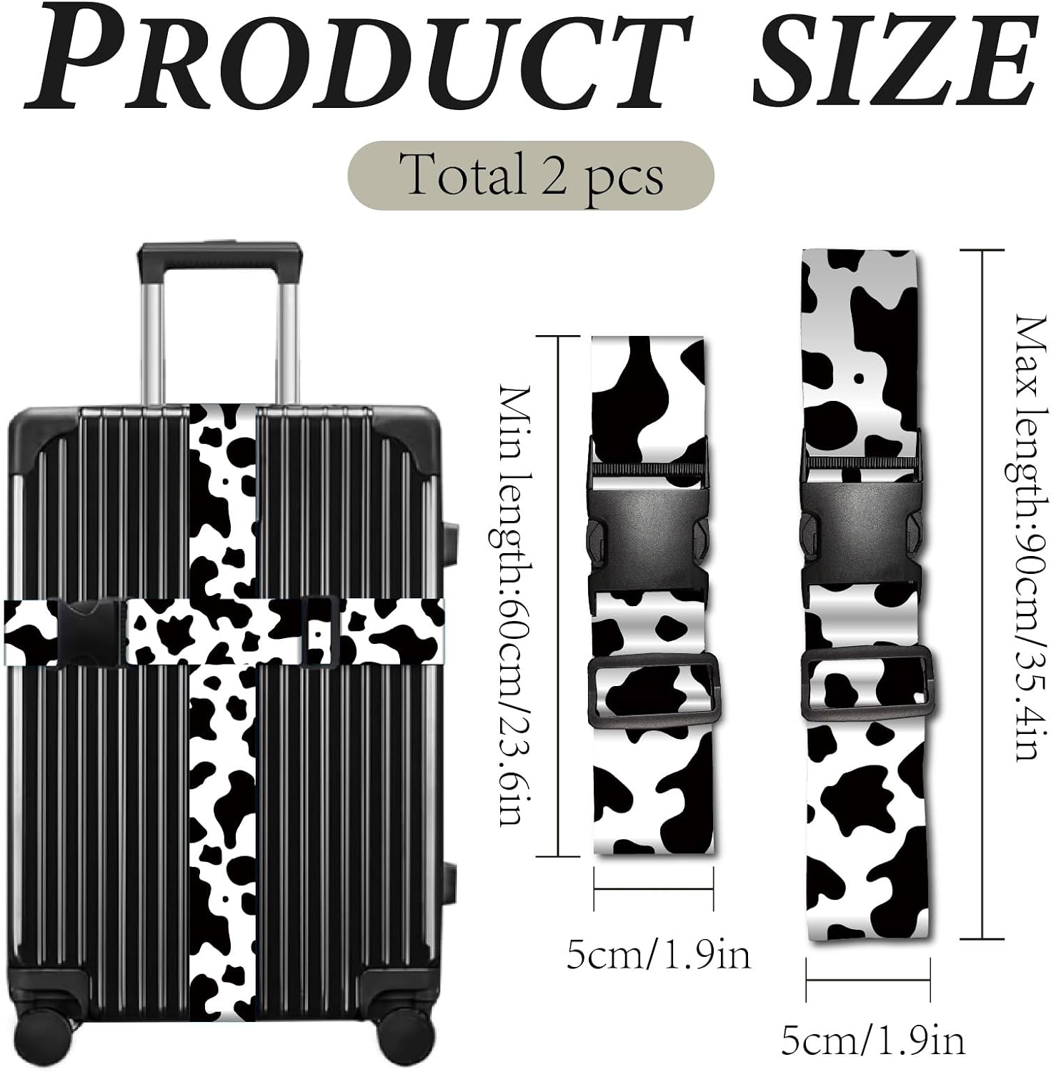 CREATCABIN 2Pcs Cow Print Luggage Straps Adjustable Suitcase Strap Black White Polyester Heavy Duty Travel Carry on Suitcases Connector Hold Buckle Belt for TSA Approved Accessories 70.9 x 2