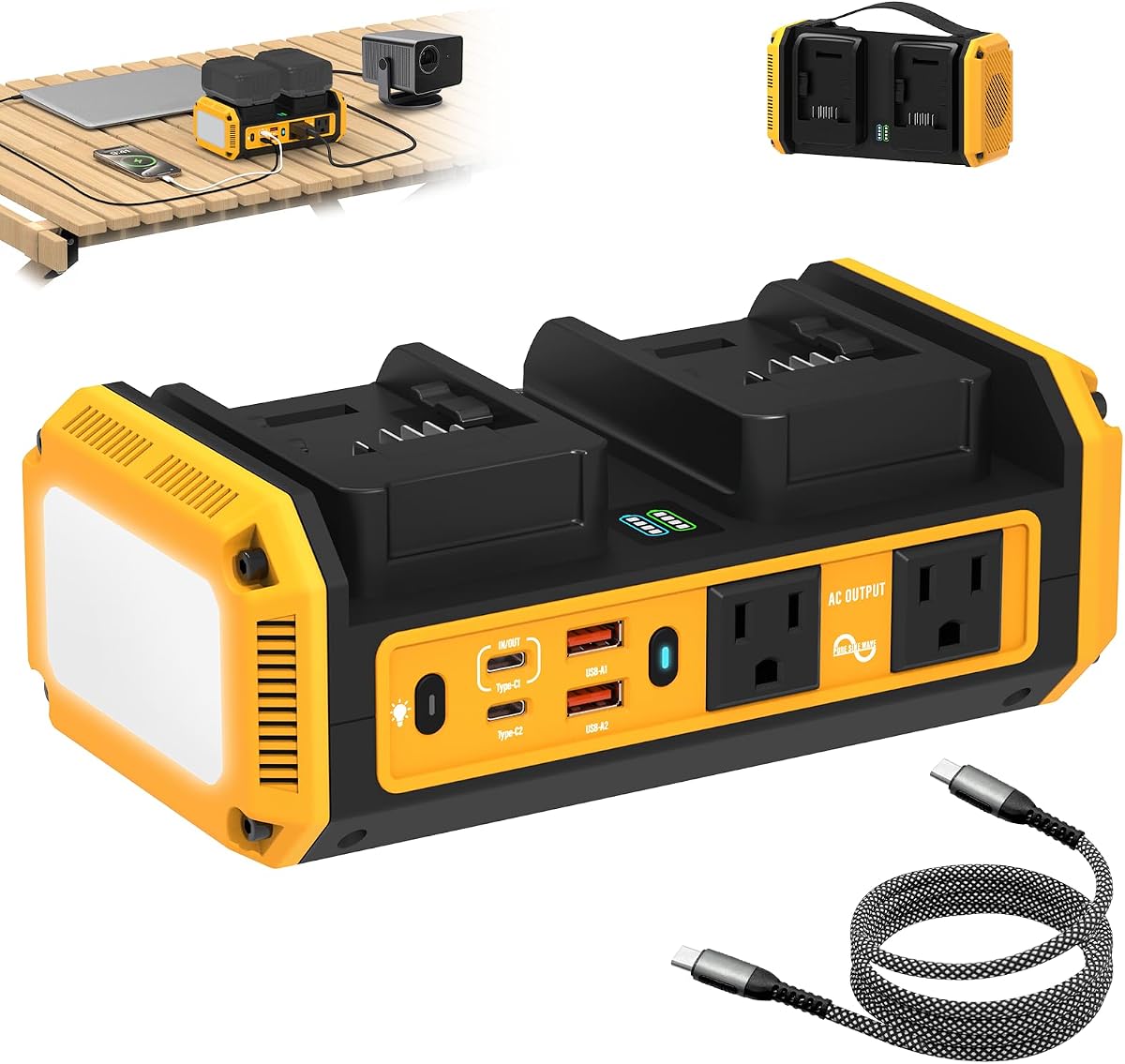 Kzreect 350W Pure Sine Wave Inverter Compatible with Dewalt 20V Battery | Dual Battery Auto-Switch, Battery Not Included, 120V AC Outlets, 140W USB-C PD3.1 Input/Output, 7A Recharge Mode, 600LM LED