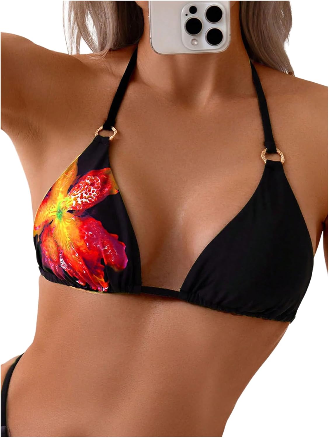 Verdusa Women's Floral Halter Bikini Top String Triangle Bra Summer Swimsuit Tops Beachwear