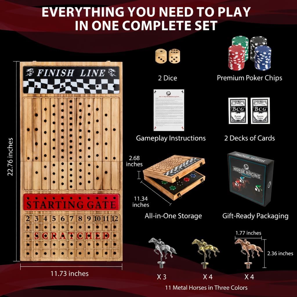 Horse Racing Board Game - 23"x12" - Derby Classic Horse Race Game with 11 Metal Horses - Foldable Wood Horse Game with Dice, Premium Chips & 2 Packs of Cards - Charred Wood