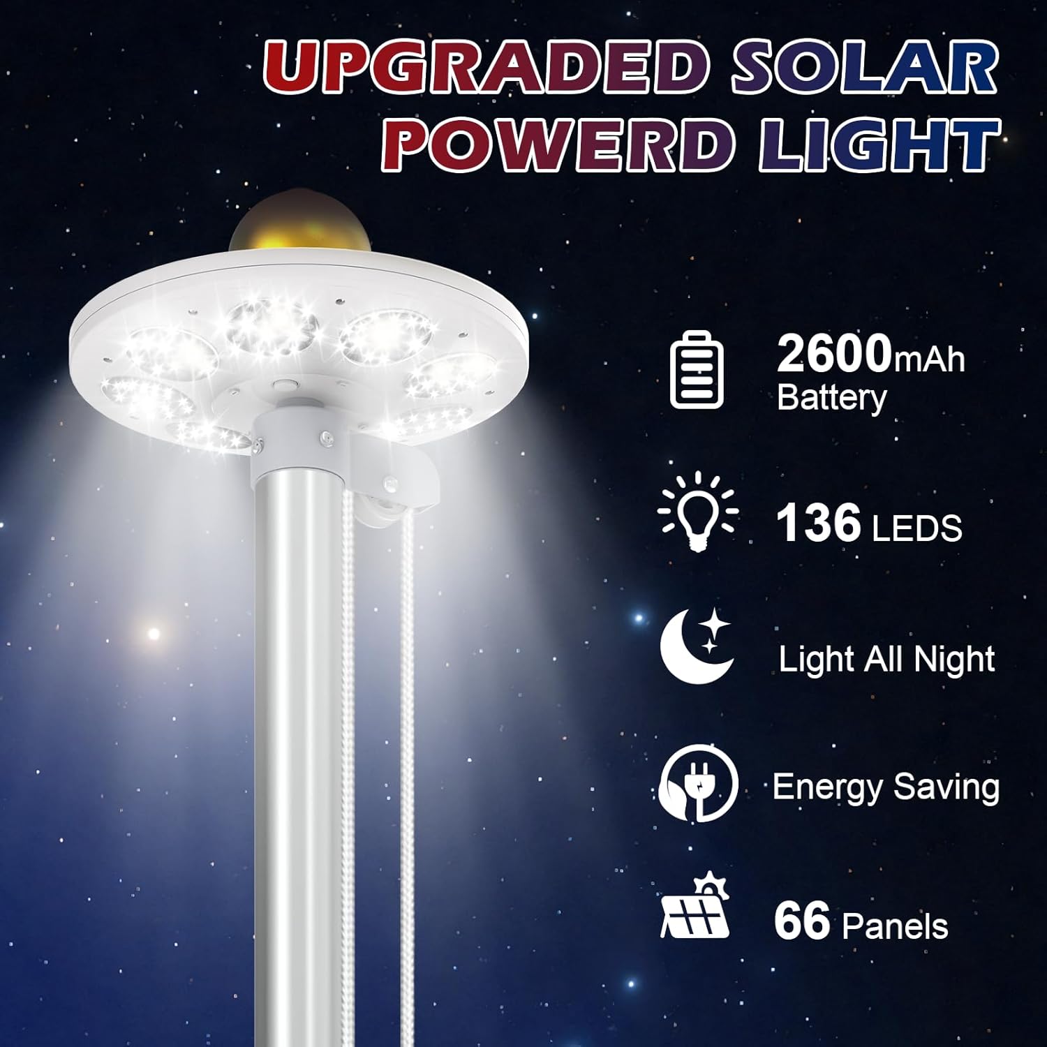 Upgraded 9 Gauge Heavy Duty Flag Pole Kit with 136 LED Ultra Bright Solar Light, 20FT 120 MPH Flagpole for Outside House in Ground, Bottom 3 mm Thick & 3 in Wide, 300D Thick Flag, Silver