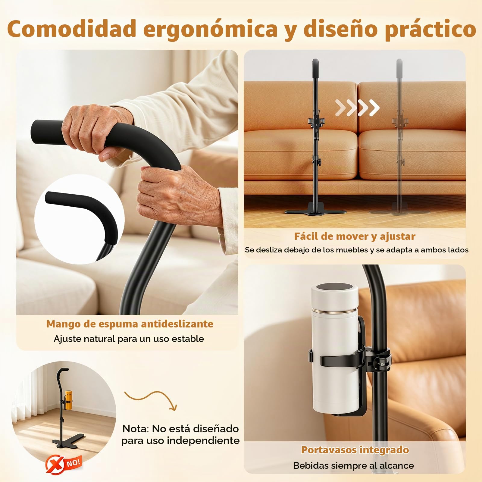 Ayuda para Levantarse del Sofá/Silla/Cama MAX 180 kg, Soporte para Levantarse Antideslizante con Portavasos, Barra de Ayuda con 6 Alturas Ajustables para Ancianos, Mayores, Discapacitados, Pacientes