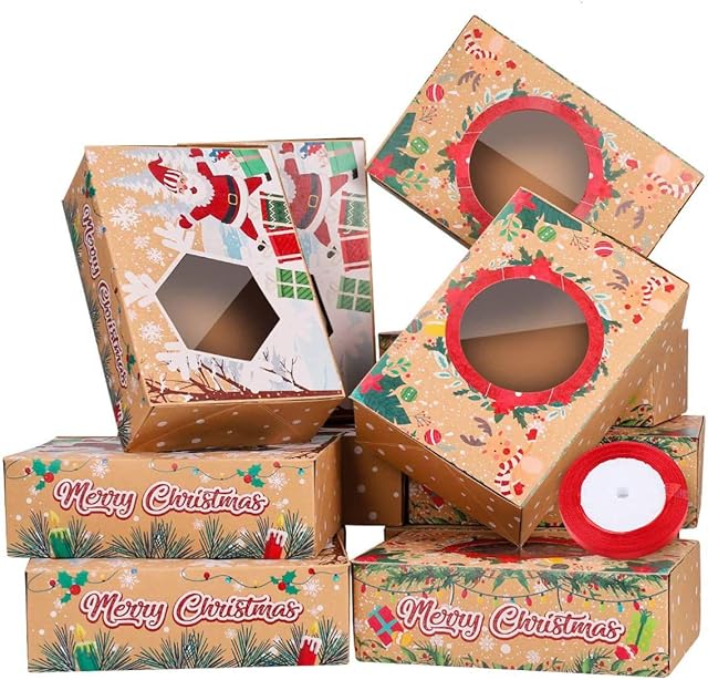 Cabilock Christmas Cookie Boxes Kraft 12 Pack Large Christmas Boxes Xmas Bakery Treat Boxes Doughnut Gift Boxes with Window for Gift Giving Packaging Holiday Christmas Food